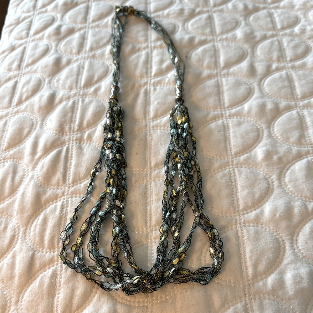 Hand Made Elegant Trellis Ladder Crocheted Ribbon Yarn Necklace